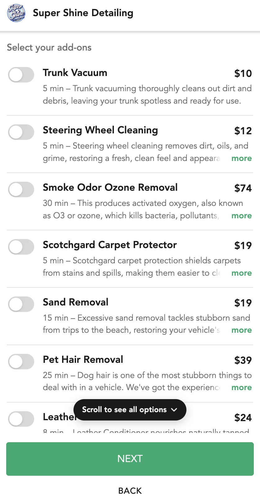 A customer booking page headed with the business logo and name, listing add-ons such as Trunk Vacuum, Pet Hair Removal and Smoke Odor Ozone Removal, each with a price, a time and an on/off switch.