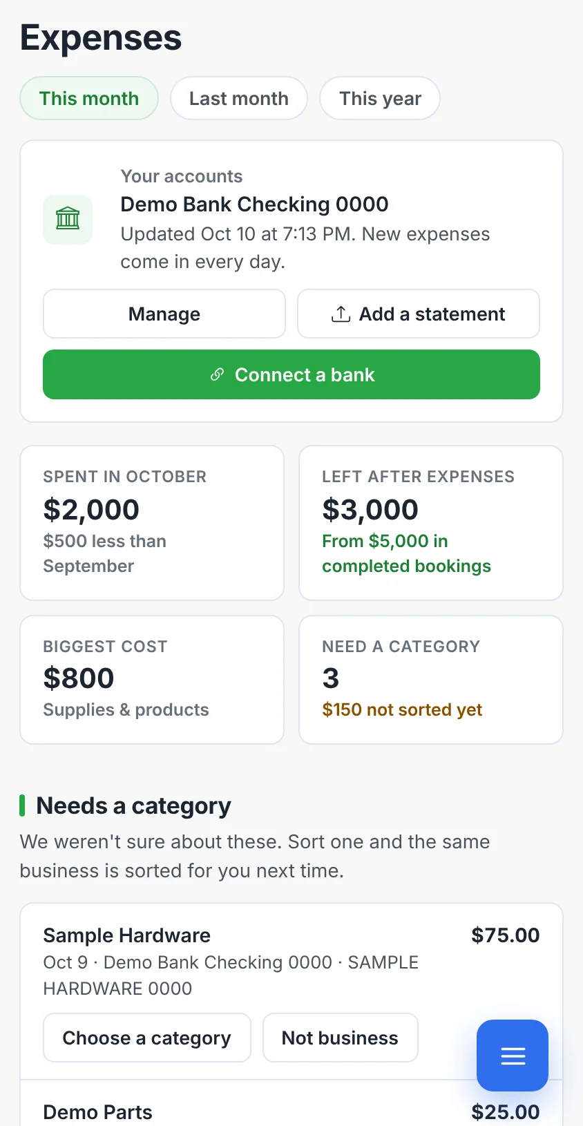 The Expenses page showing a connected bank account, what was spent this month, what is left after expenses, the biggest cost and expenses that still need a category.