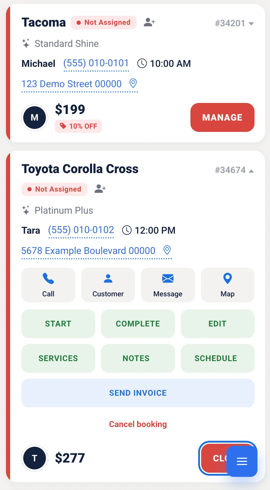 Two job cards showing the vehicle, package, customer, time and price, with buttons to call, message, map, start, complete, edit and send an invoice.