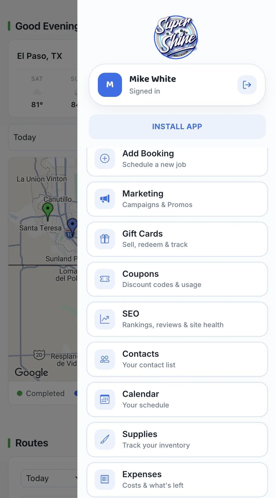 The app menu with the business logo at the top and buttons for Add Booking, Marketing, Gift Cards, Coupons, SEO, Contacts, Calendar, Supplies and Expenses.