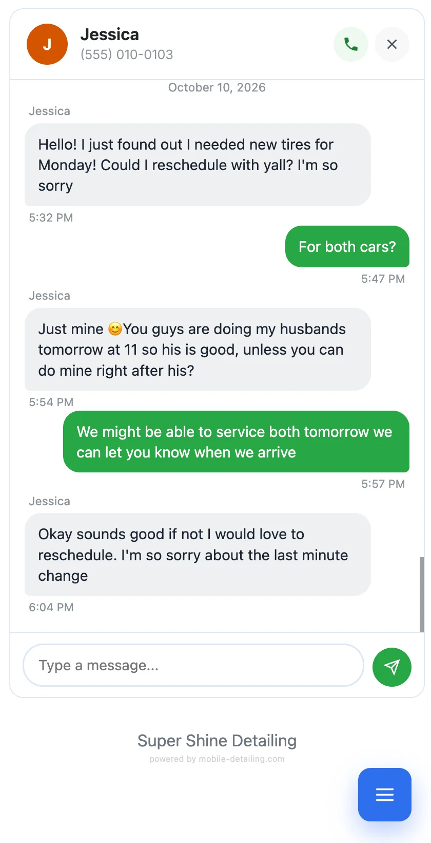 A text conversation with a customer who is asking to reschedule, with the business’s replies in green.
