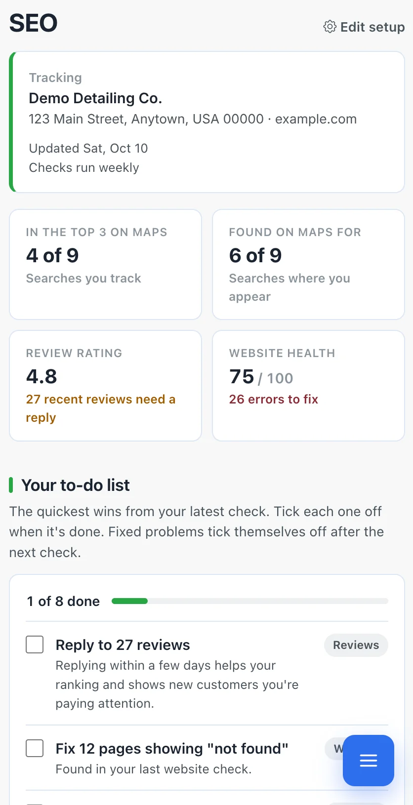 The SEO page showing how many tracked searches rank in the top 3 on Google Maps, the review rating, a website health score and a to-do list.